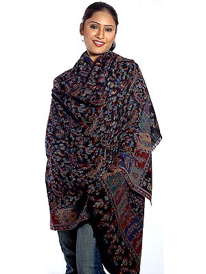 Black Kani Shawl with Multi-Color Floral Weave