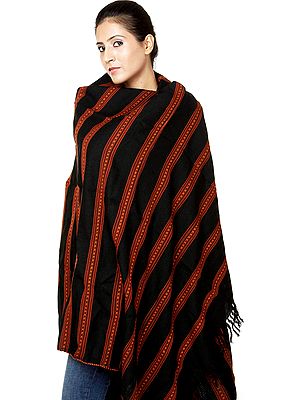 Black Kullu Shawl with Kinnauri Weave All Over