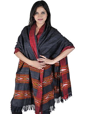 Black Kullu Stole with Kinnauri Border Woven by Hand