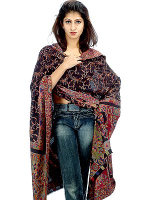 Black Shawl with Kani Border Embroidered All-Over by Hand