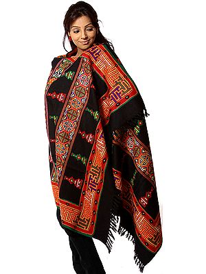 Black Traditional Kullu Shawl with Multi-Color Thread Weave