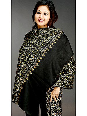 Black Tusha Shawl with All-Over Kashmiri Embroidery