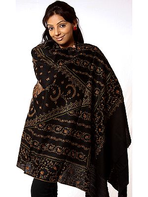 Black Tusha Shawl with Sozni Embroidery All-Over