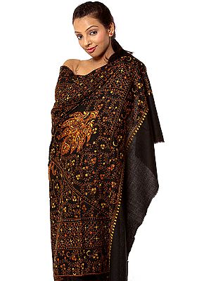 Black Tusha Shawl with Sozni Embroidery and Central Flower
