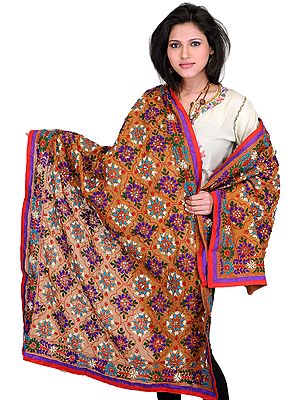 Cashew-Brown Phulkari Dupatta from Punjab with Threadwork and Sequins