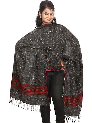 Charcoal-Gray Shawl from Kullu with Kinnauri Woven Border