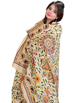 Cloud-Cream Kantha Dupatta with Embroidered Chakra and Elephants
