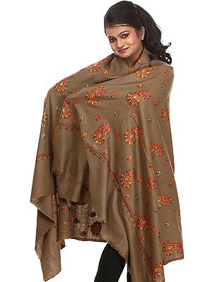 Covert-Gray Pure Pashmina Shawl from Kashmir with Hand-Embroidered Meenakari Paisleys