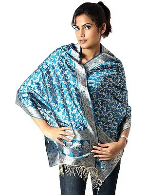 Turquoise Banarasi Stole Hand-Woven with All-Over Golden Thread Weave