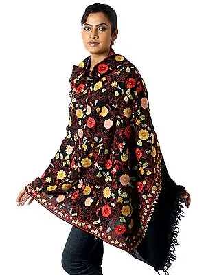 Black Kashmiri Shawl with Crewel Embroidery All-Over