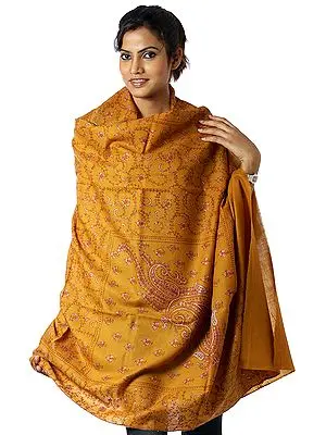 Old-Gold Tusha Shawl with All-Over Sozni Embroidery by Hand