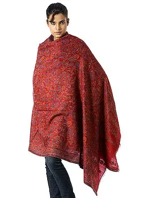 Red Kani Shawl with Multi-Color Woven Flowers