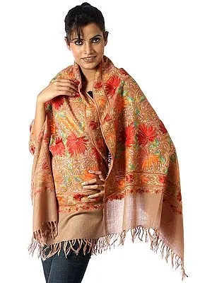 Khaki Jamdani Stole from Kashmir with Dense Multi-Color Embroidery