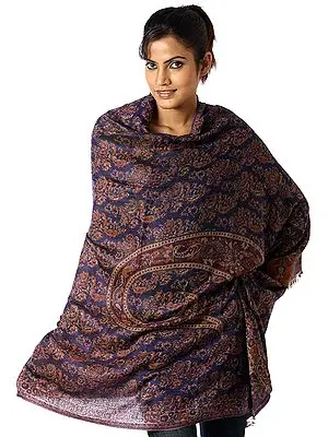 Midnight-Blue Reversible Pure Pashmina Jamawar Shawl