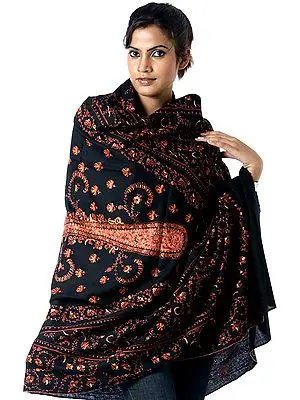 Black Tusha Shawl with All-Over Sozni Embroidery by Hand
