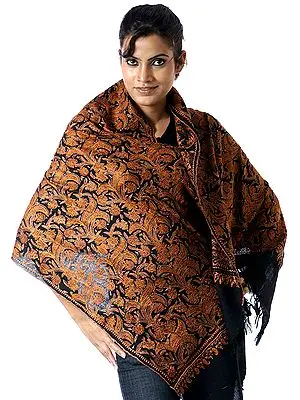 Black Semi-Pashmina Kashmiri Shawl with Intricately Embroidered Jaal
