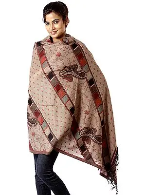 Khaki Jamawar Shawl with Needle-Stitch Embroidery by Hand