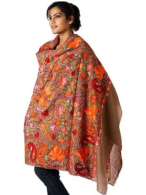 Khaki Kashmiri Shawl with Embroidered Chinar Leaves All-Over