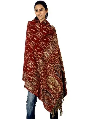 Maroon Jamawar Shawl with Needle-Stitch Embroidery by Hand