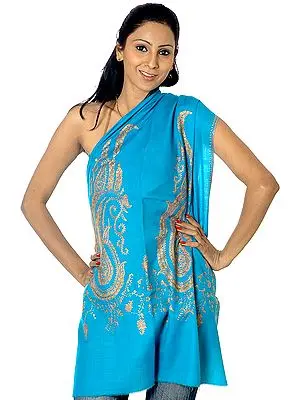 Robin-Egg Blue Kashmiri Stole with Sozni Embroidered Paisleys