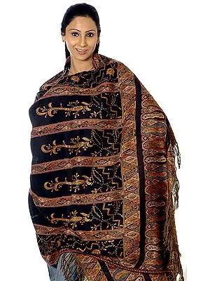 Black Jamawar Shawl with Needle-Stitch Embroidery by Hand