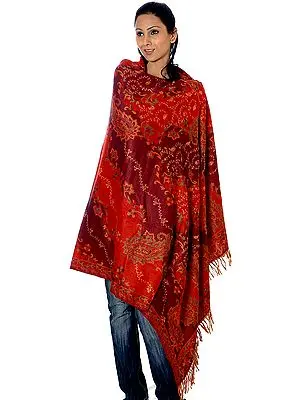Red Jamawar Shawl with Needle Embroidery