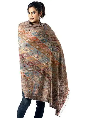 Beige Kani Shawl with Multi-Color Weave