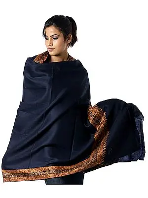 Plain Midnight-Blue Kashmir Shawl with Densely Embroidered Border