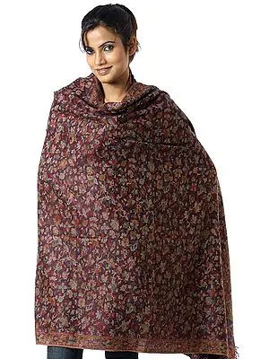 Coffee-Brown Kani Shawl with Multi-Color Woven Flowers All-Over