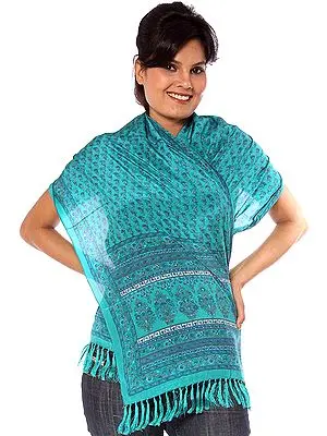 Sea-Green Scarf with Printed Flowers