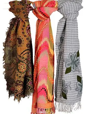 Lot of Three Jamawar Stoles with Aari-Embroidery