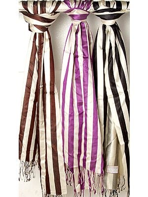 Lot of Three Ivory Striped Woven Scarves