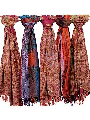 Lot of Five Jamawar Stoles with Floral Weave