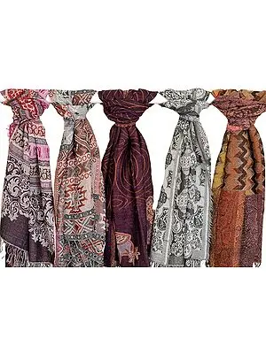 Lot of Five Boiled-Wool Reversible Jamawar Stoles