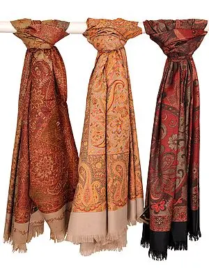 Lot of Three Jamawar Shawls with Plain Border