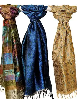 Lot of Three Banarasi Brocaded Stoles with Woven Elephants and Peacocks