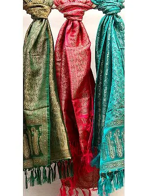 Lot of Three Resham Dohra Banarasi Stoles with Dense Weave