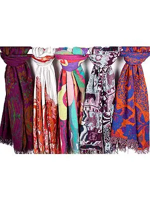 Lot of Five Boiled-Wool Jamawar Stoles