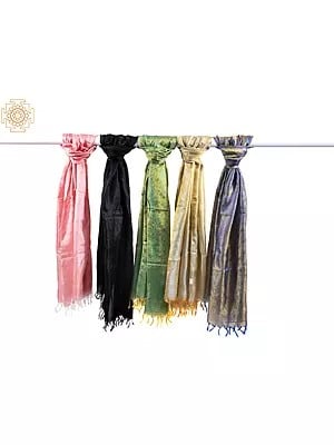 Lot of Five Pure Silk Scarves with Tanchoi Weave