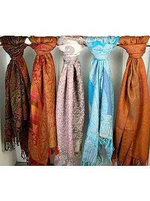 Lot of Five Jamawar Stoles with Jacquard Weave