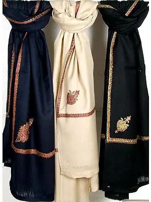 Lot of Three Plain Raffle Shawls with Needle Stitch Embroidery on Edges