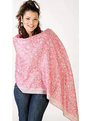 Pink Reversible Jamawar Stole with All-Over Floral Weave
