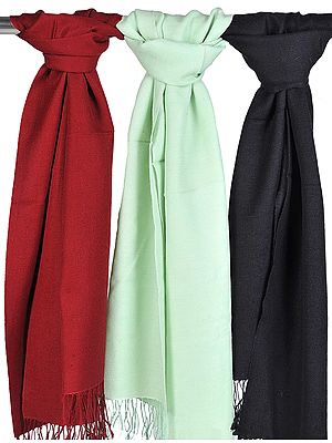 Lot of Three Plain Silk-Pashmina Scarves from Nepal