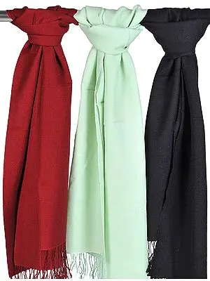 Lot of Three Plain Silk-Pashmina Scarves from Nepal