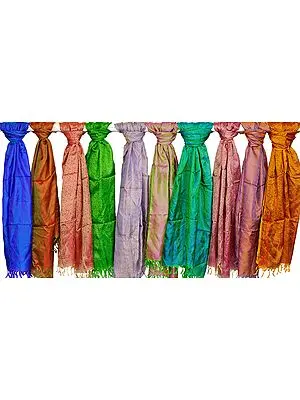 Lot of Ten Pure Silk Stoles with Tanchoi Weave