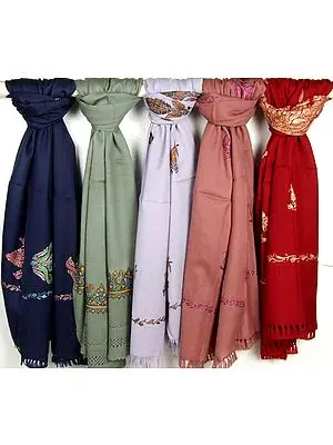 Lot of Five Kashmiri Shawls with Needle Stitch Embroidery by Hand