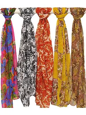 Lot of Five Printed Scarves
