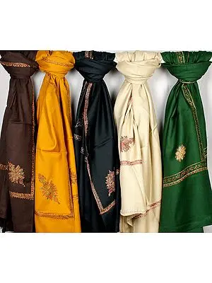 Lot of Five Plain Raffle Kingri Shawls with Needle Stitch Embroidery on Edges