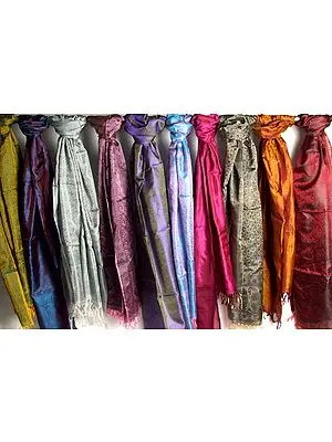 Lot of Ten Pure Silk Stoles with Tanchoi Weave