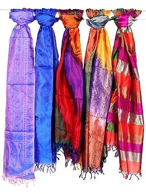 Lot of Five Pure Silk Stoles with Tanchoi Weave